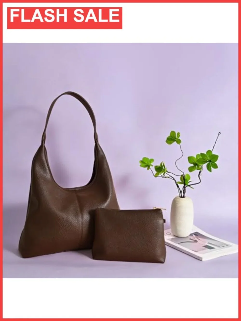 Slouchy Vegan Leather Hobo Shoulder Bag with Zip Pouch & Key Leash